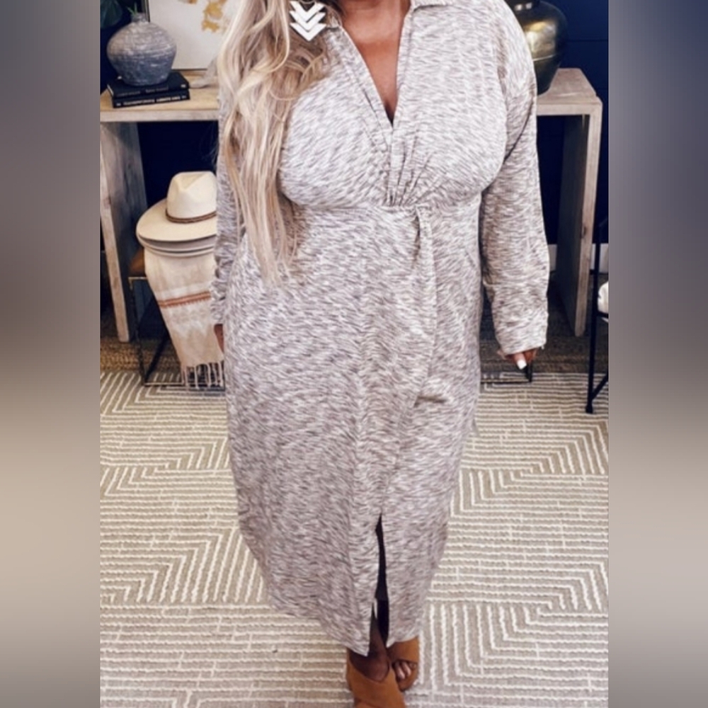 Chic Tan Cream Brown Ribbed Knit Dress Twist Waist Detail - Lightweight EUC SZ M